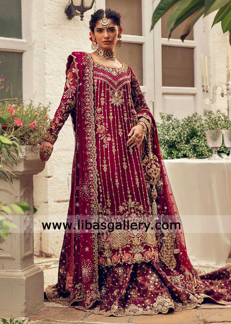 Garnet Bridal dresses with gold work for nikah and barat day | Wedding Dresses 
